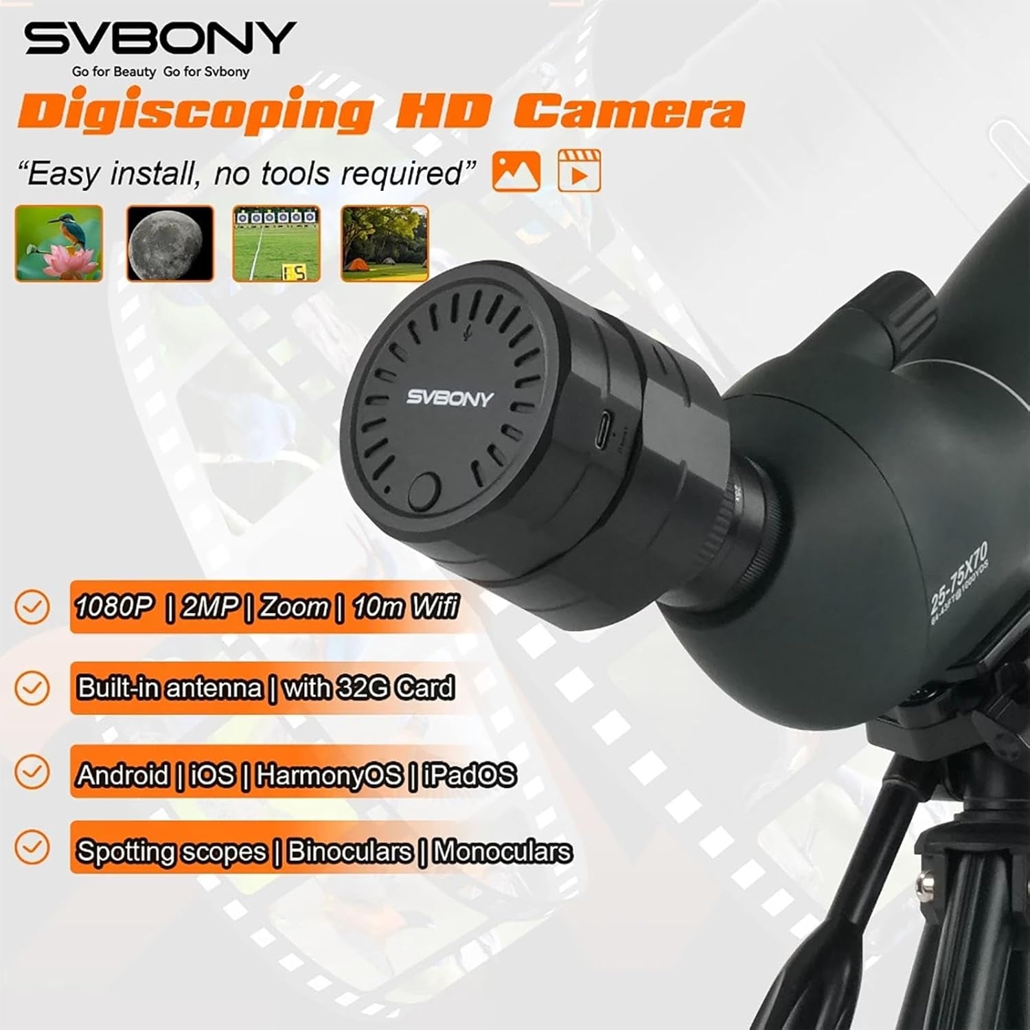 SC002 Wireless Electronic Eyepiece, Digiscoping Wifi Electronic Eyepiece Camera with 1080P HD, Digital Zoom, Spotting Scope Camera for 37Mm-56Mm Scopes for Target Shooting, Bird Watching (32GB)