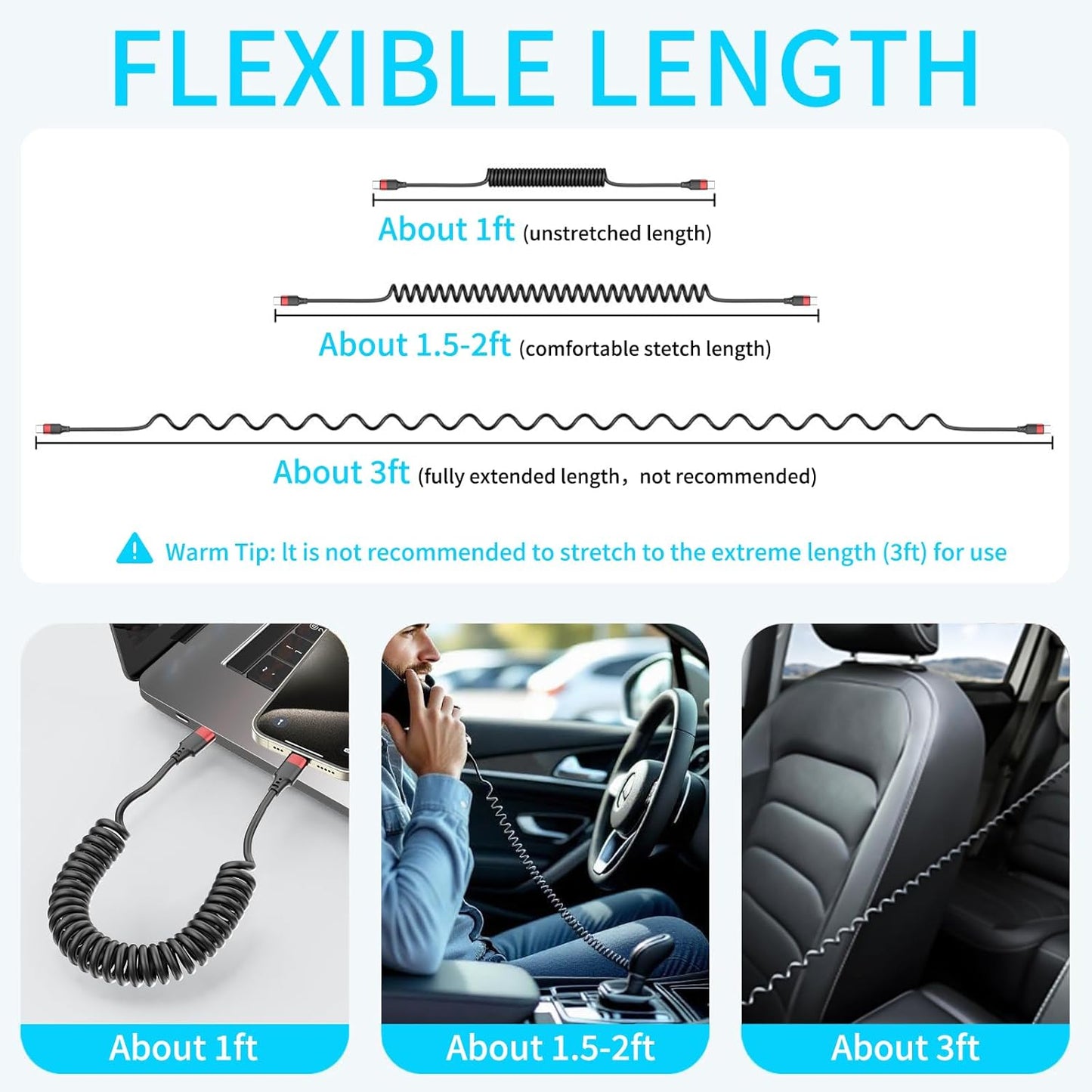 Coiled USB C to USB C Cable, 2 Pack 3FT USBC Car Charger Cord, USBC to USBC Coiled Cable Fast Charging for Carplay, Iphone 17/16/15 Plus/Pro Max, Samsung Galaxy S25 S24 S23, Pixel 10 9