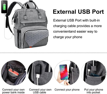 Laptop Backpack Women 17 Inch Travel Casual Daypack College Backpack Teacher Doctor Nurse Work Bags Computer Backpack Purse with USB Port Water Resistant,Grey