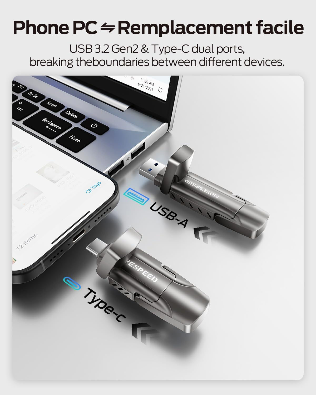 1TB Flash Drive, External SSD with 1000Mb/S Read Write Speed, USB 3.2 Gen2+Type C Dual Port Portable SSD, Thumb Drive for Iphone 15, 16, 17 Series/Macbook/Android Phone/Audio Etc(1 Pack)