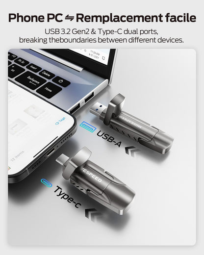 1TB Flash Drive, External SSD with 1000Mb/S Read Write Speed, USB 3.2 Gen2+Type C Dual Port Portable SSD, Thumb Drive for Iphone 15, 16, 17 Series/Macbook/Android Phone/Audio Etc(1 Pack)