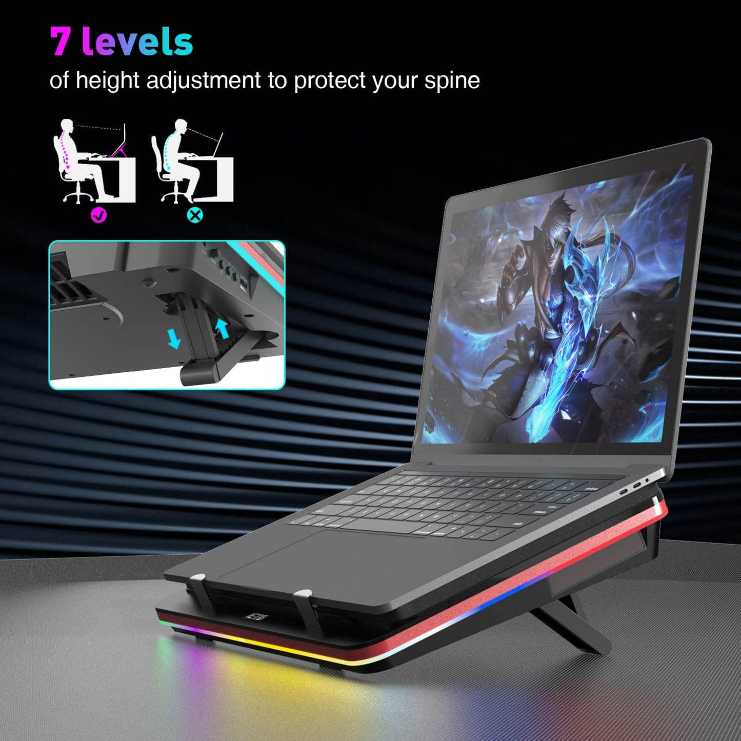 GT500 Powerful Turbo-Fan (5000 RPM) RGB Laptop Cooling Pad with Infinitely Variable Speed,Seal Foam for Rapid Cooling Gaming Laptop,Dust Filter for Protect Laptop,13-17.3Inch Laptop Cooler