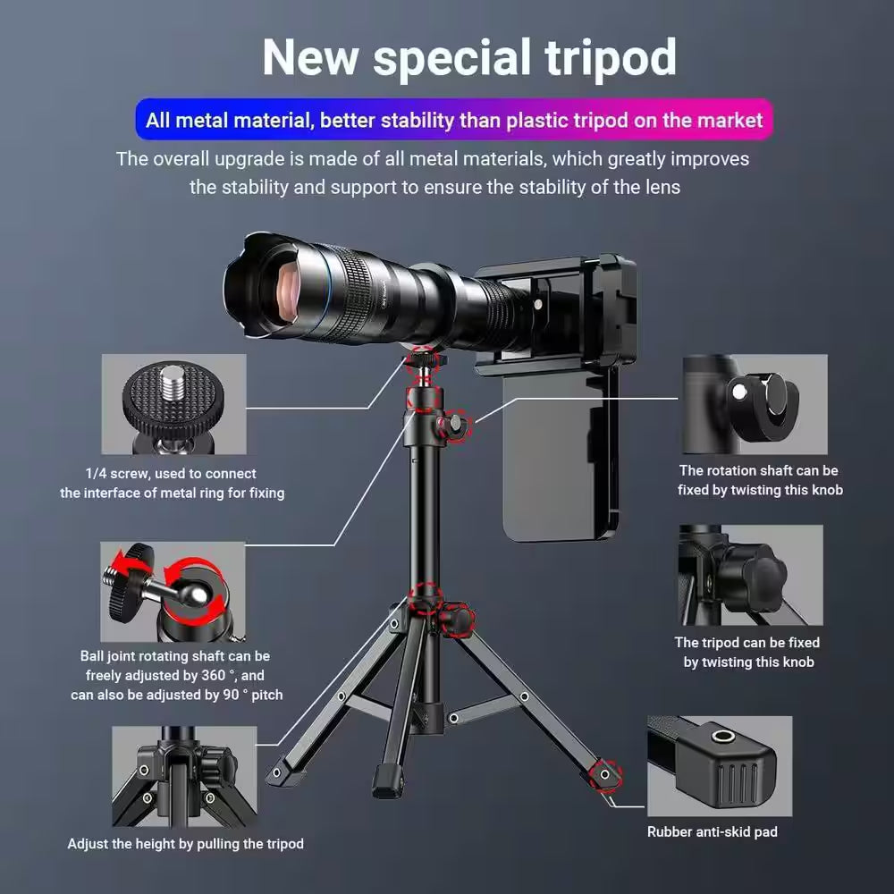 36X HD Telephoto Mobile Lens with Tripod for Iphone Samsung Smartphones 4K Clarity Wildlife Watching