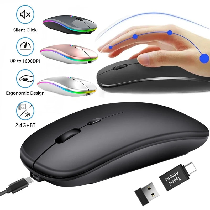 Rechargeable Dual-Mode Wireless Mouse with Bluetooth and 2.4GHz Connectivity for PC, Laptop, and MacBook