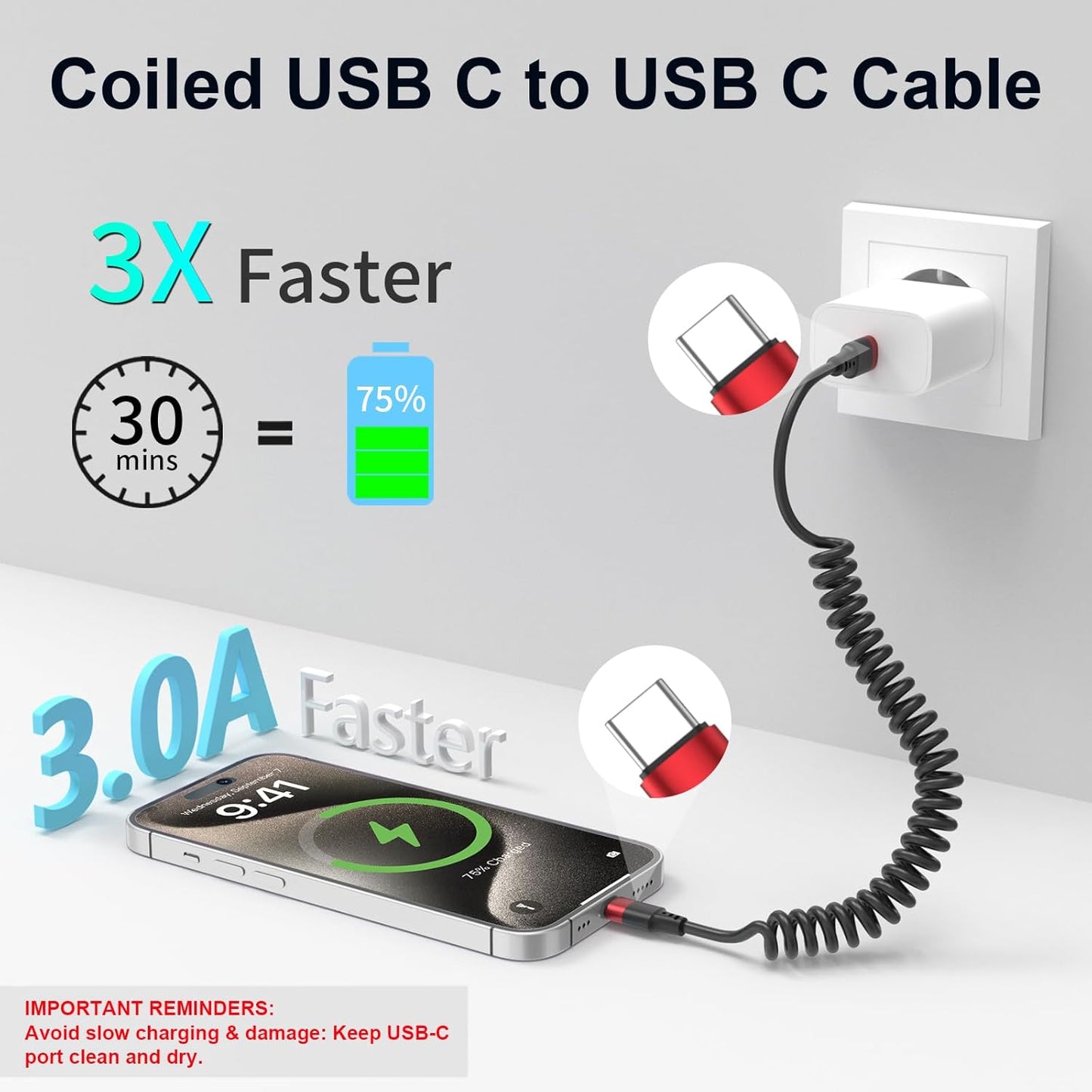 Coiled USB C to USB C Cable, 2 Pack 3FT USBC Car Charger Cord, USBC to USBC Coiled Cable Fast Charging for Carplay, Iphone 17/16/15 Plus/Pro Max, Samsung Galaxy S25 S24 S23, Pixel 10 9