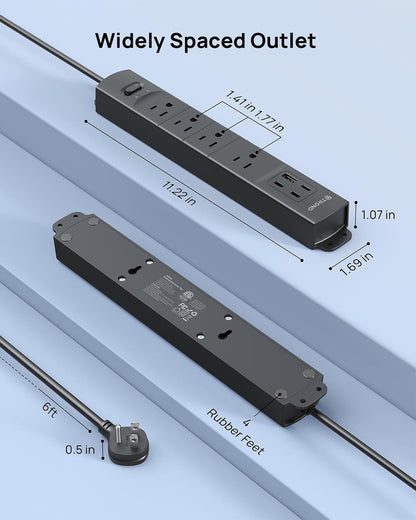 Flat Plug Power Strip Surge Protector, Power Strip with USB Ports, 3 USB C and 1 USB A, 1440 Joules, ETL Listed, 1625W, Wall Outlet Extender, 6Ft Extension Cord for Home Office Dorm, Black