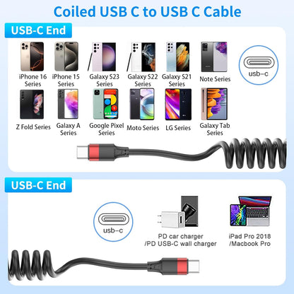 Coiled USB C to USB C Cable, 2 Pack 3FT USBC Car Charger Cord, USBC to USBC Coiled Cable Fast Charging for Carplay, Iphone 17/16/15 Plus/Pro Max, Samsung Galaxy S25 S24 S23, Pixel 10 9