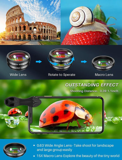 10 in 1 Cell Phone Camera Lens Kit, Wide Angle Lens & Macro Lens+Fisheye Lens+Telephoto Lens+Cpl/Flow/Radial/Star Filter+Kaleidoscope 3/6 Lens for Iphone Samsung Sony and Most of Smartphone